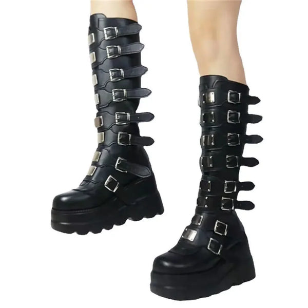 Gothic knee-high platform boots for women with wedge heel, buckle closure, perfect for cosplay, Halloween, and edgy fashion.