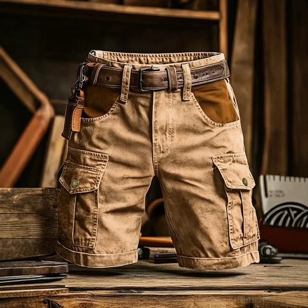 Regular fit cargo shorts with distinctive patchwork design and zipper fly closure