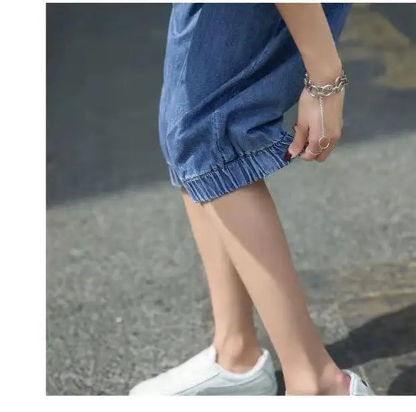 Women's harem jeans with high elastic waistband and flowing calf-length cut