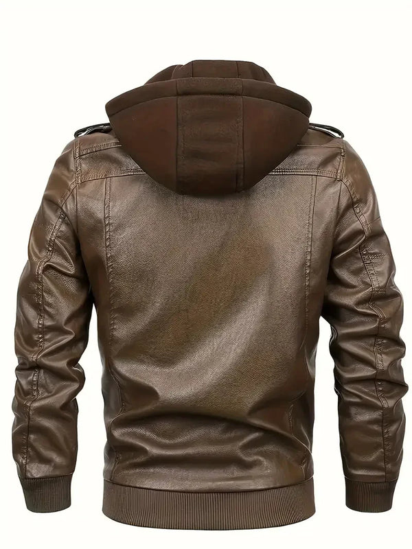 Sleek men's PU leather biker jacket with detachable hood, slim fit, perfect for autumn and winter casual wear.