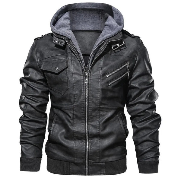 Men's PU leather hooded jacket for autumn and winter, stylish, warm, and perfect for outdoor adventures and casual wear.