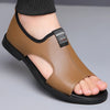 Side view of Stride Easy leather sandals showing low-profile design