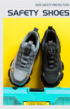 Safety boots showing rotating button closure mechanism and steel toe protection features