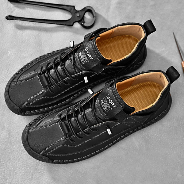 Side view of brown leather slip-on loafers featuring breathable design and durable rubber outsole for all-day comfort