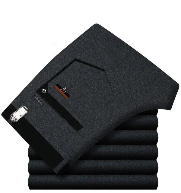 Classic men's dress pants in premium cotton, perfect for business and casual wear with a straight leg and zipper fly closure.