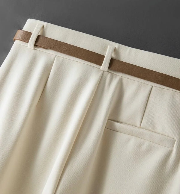 Elegant wide-leg work trousers for women in cotton blend, high waist, perfect for office wear and business casual outfits.