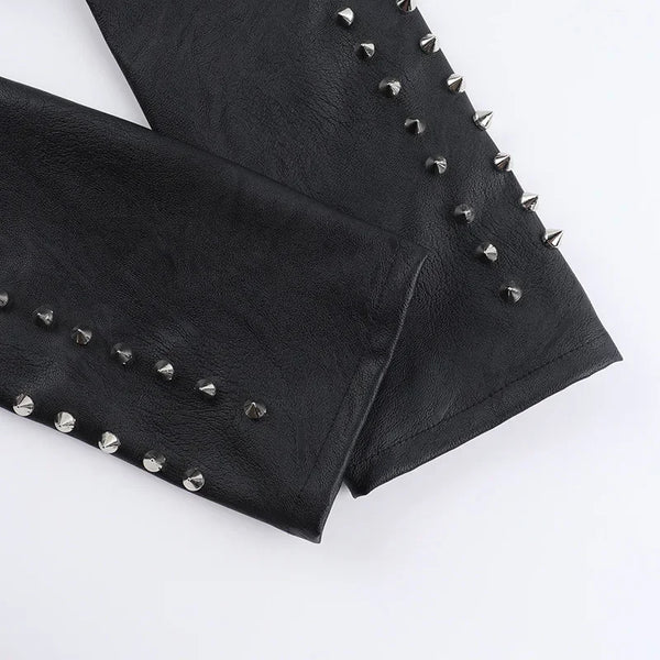 Chic cropped faux leather biker jacket for women with rivet detailing and slim fit, perfect for edgy streetwear style.