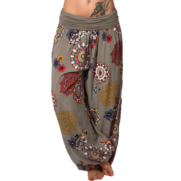 Boho chic wide leg harem pants for women with geometric print, mid-rise waist, and relaxed fit, perfect for casual or party w