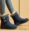 Chic women's waterproof winter boots with plush lining, low heel, and hook-and-loop closure for stylish cold weather comfort.