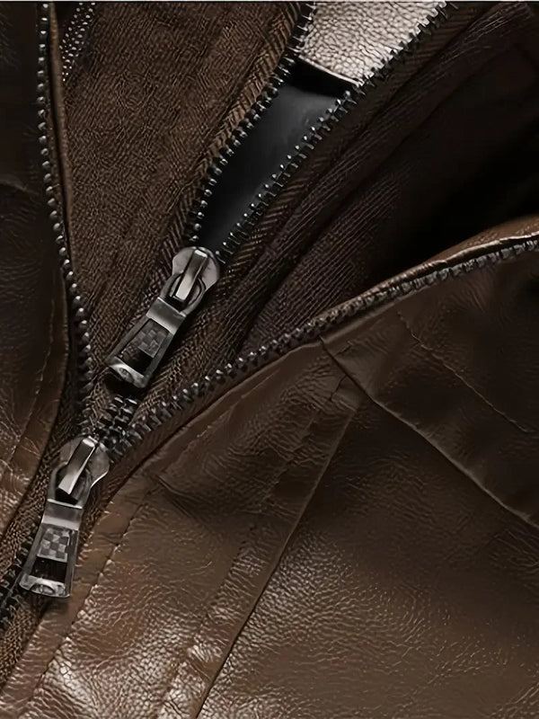 Sleek men's PU leather biker jacket with detachable hood, slim fit, perfect for autumn and winter casual wear.