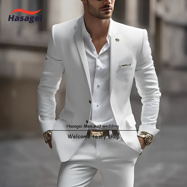 Elegant white summer suit for men, slim fit with notch lapel, perfect for weddings and business events, crafted from premium