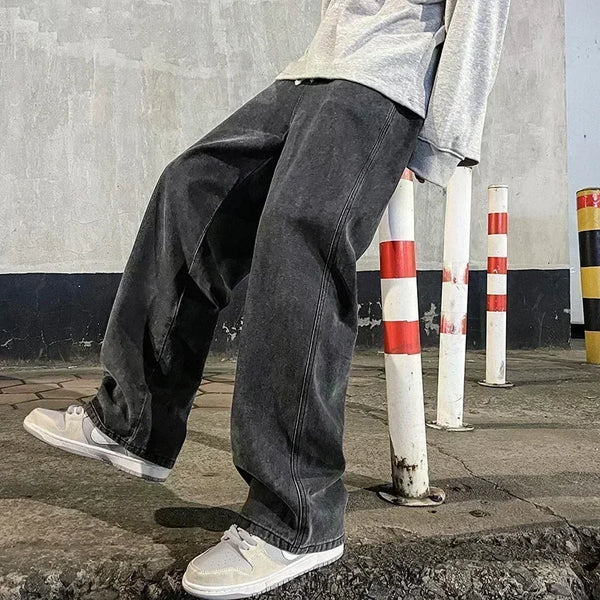 Men's loose straight wide-leg jeans in premium softened denim with elastic waist