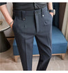 Men's slim fit dress pants in British style with elastic waist, perfect for casual or formal occasions, made from polyester b