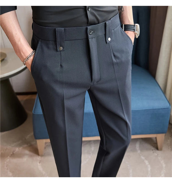 Men's slim fit dress pants in British style with elastic waist, perfect for casual or formal occasions, made from polyester b