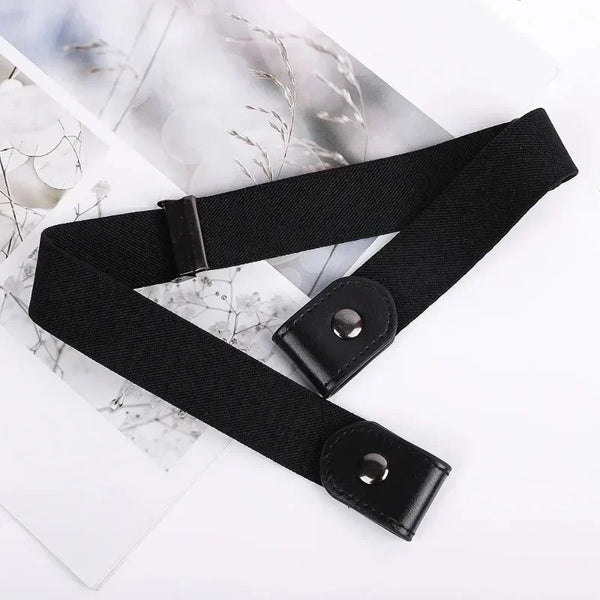 Buckle-free elastic belt in black and blue, adjustable 85-115cm, perfect for comfort and style for men and women.