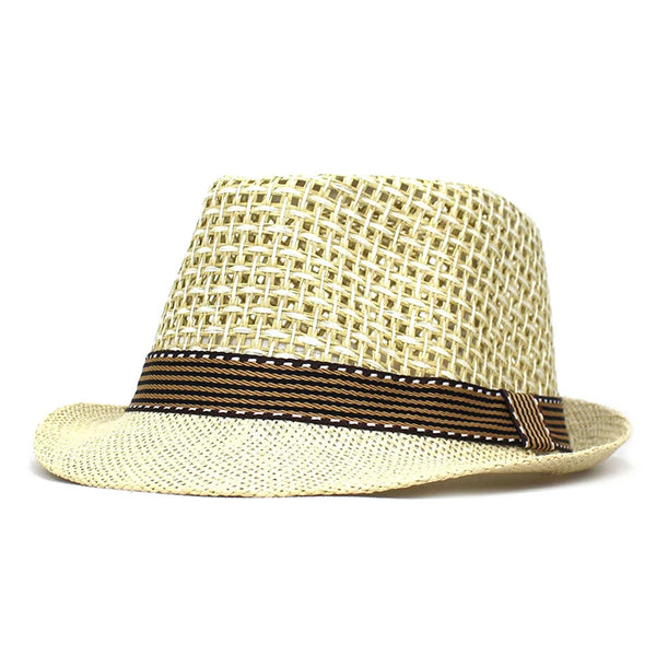 Fashionable straw fedora hat for men, perfect for sunny vacations.