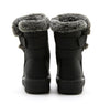 Chic women's waterproof winter boots with plush lining, low heel, and hook-and-loop closure for stylish cold weather comfort.