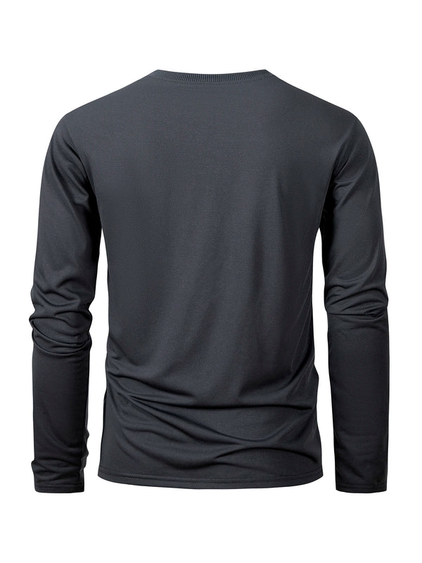 Men's long sleeve casual t-shirt in solid black, breathable polyester, O-neck, quick-drying, perfect for sports and lounging.