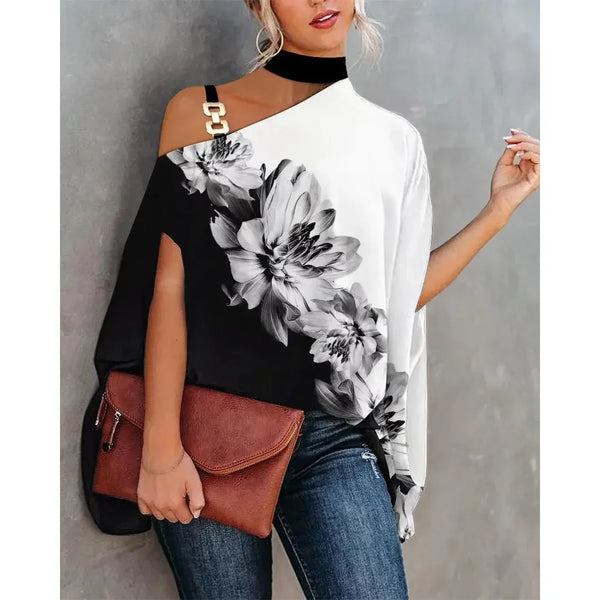 Elegant floral print blouse with batwing sleeves, halter collar, perfect for casual or office wear, made from soft cotton ble