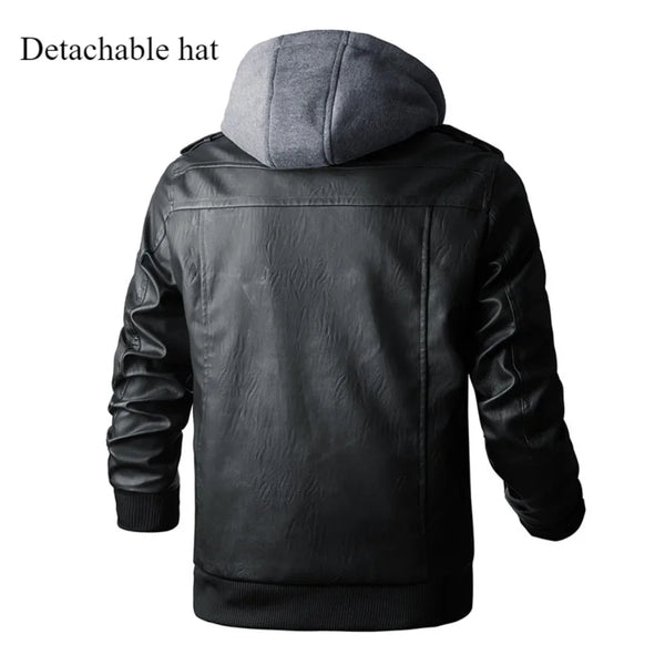 Men's autumn winter PU leather moto jacket with detachable hood, mandarin collar, and zippered accents for stylish comfort.