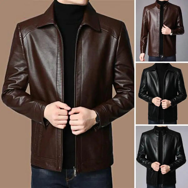 Men's faux leather jacket with zip-up front and stand collar, perfect for autumn and winter casual or professional wear.