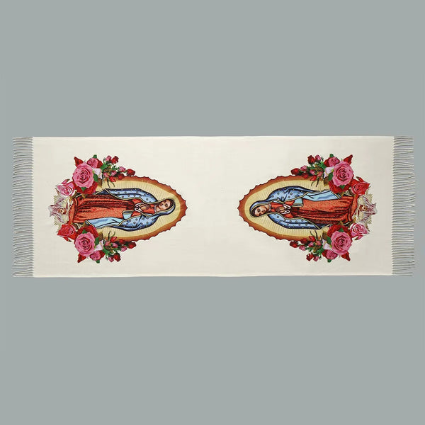 Elegant winter wrap showcasing Virgin Mary, crafted for comfort and a touch of grace.