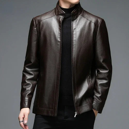 Classic goatskin leather jacket for men, lightweight, stylish, with stand collar and zipper, perfect for casual and business