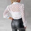 Elegant white lace blouse with long sleeves, button-up front, and turn-down collar for sophisticated office wear.