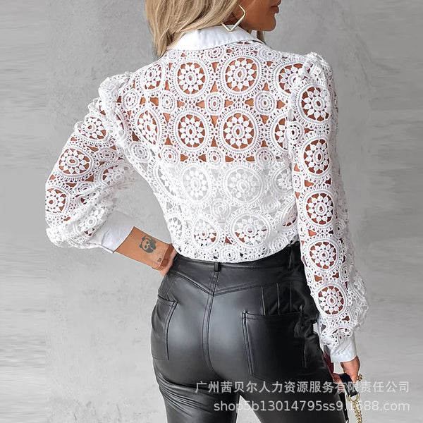 Elegant white lace blouse with long sleeves, button-up front, and turn-down collar for sophisticated office wear.