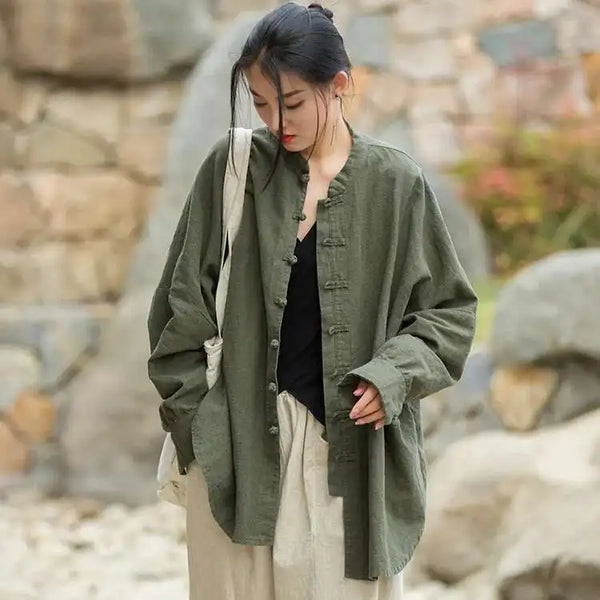 Women's cotton linen outerwear with minimalist stand collar and clean silhouette