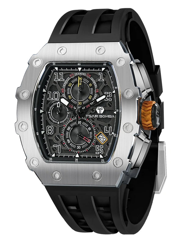 Detailed shot of TSAR BOMBA watch's aerospace-grade stainless steel.