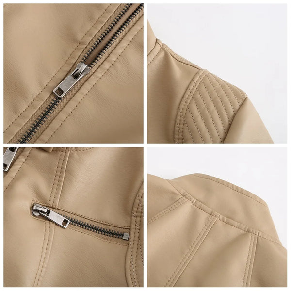 Chic women's slim leather biker jacket with zip detail, stand-up collar, and tailored fit for stylish urban looks.
