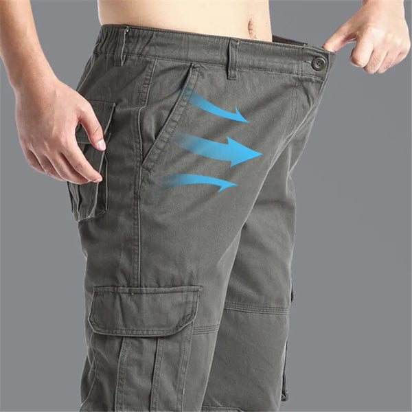 Men's tactical pants featuring elastic waistband and cargo pocket details