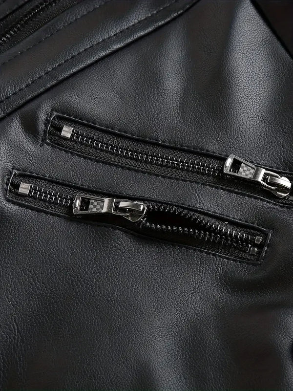 Sleek men's PU leather biker jacket with detachable hood, slim fit, perfect for autumn and winter casual wear.