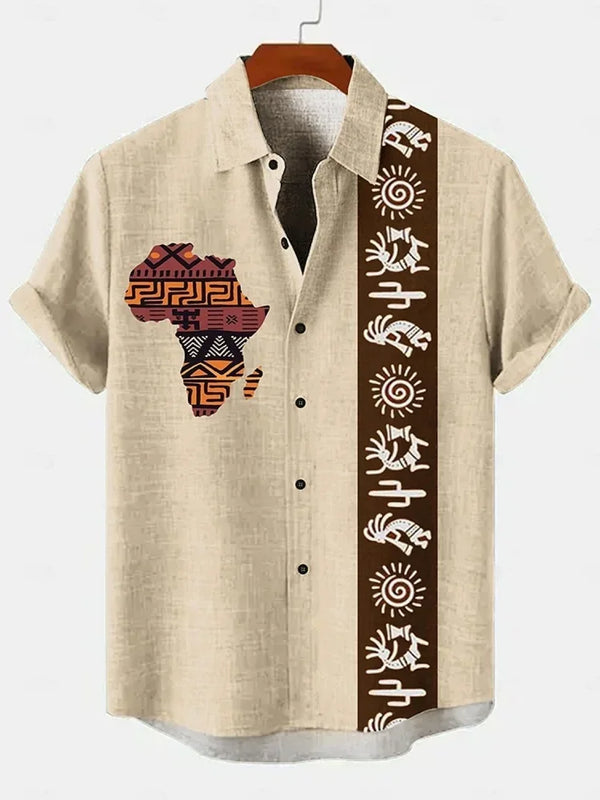 Ethnic 3D graphic short sleeve shirt with bold colorful patterns and button front detail
