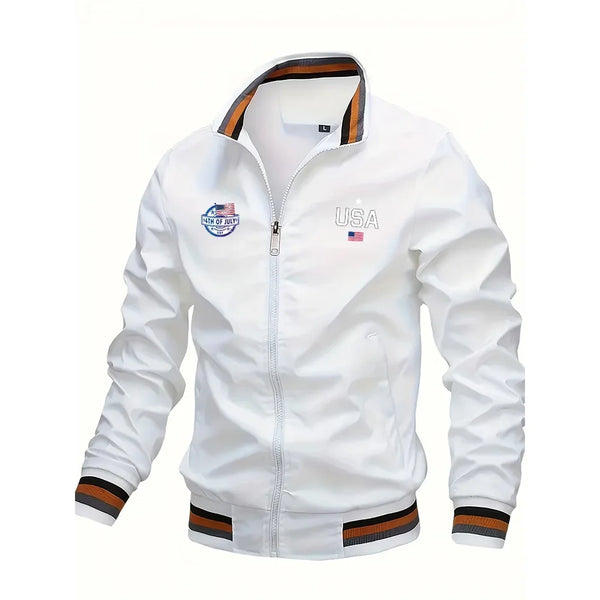 Men's Casual Varsity Bomber Jacket with USA print, stylish zip-up design, ribbed cuffs, perfect for autumn and spring wear.