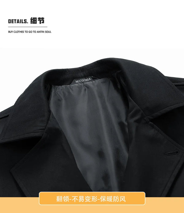 Men's military green slim fit trench coat with double-breasted closure and notched lapel, perfect for spring and autumn wear.