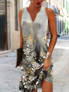 Bohemian style dress featuring V-neckline and textured beadwork for effortless elegance