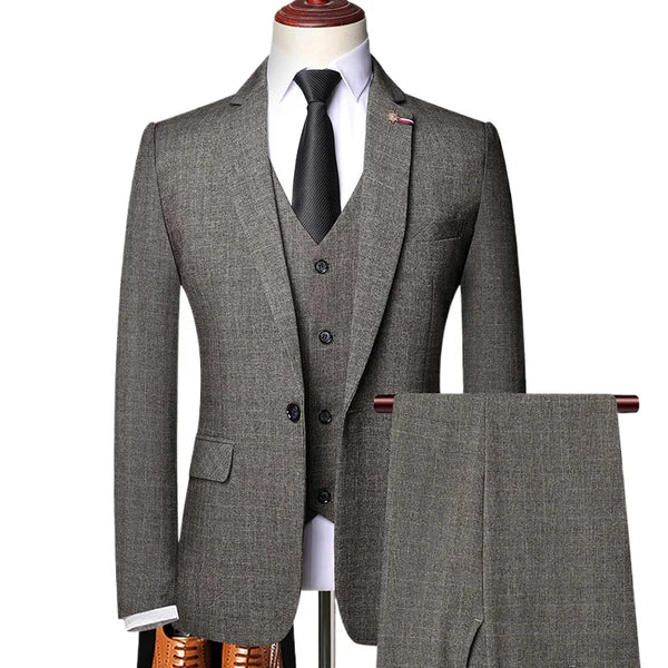Men's trio suit set in navy blue, crafted from polyester and viscose blend.