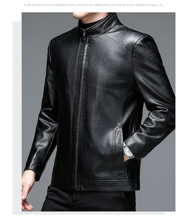 Classic goatskin leather jacket for men, lightweight, stylish, with stand collar and zipper, perfect for casual and business