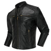 Premium men's leather biker jacket in rich brown with stand collar, crafted from durable first-layer calfskin leather.