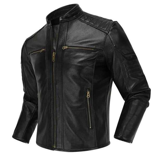Premium men's leather biker jacket in rich brown with stand collar, crafted from durable first-layer calfskin leather.