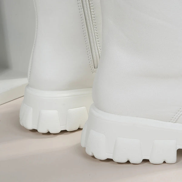 Chic white ankle boots with chunky heel, lace-up closure, and durable PU leather for stylish fall/winter outfits.