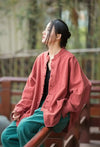 Lightweight stand collar coat in premium cotton-linen for transitional seasons
