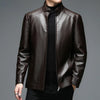 Classic goatskin leather jacket for men, lightweight, stylish, with stand collar and zipper, perfect for spring and autumn.