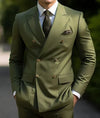 Model in a chic double-breasted suit, embodying poise and assurance.
