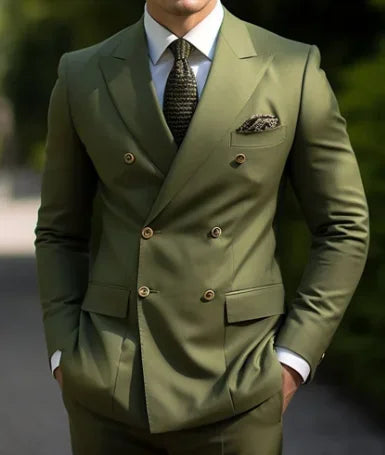 Model in a chic double-breasted suit, embodying poise and assurance.