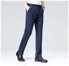 Summer-weight suit pants featuring elastic waistband and straight fit