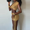 Sparkly polyester blend crop top and fringe skirt set for dancing and celebrations