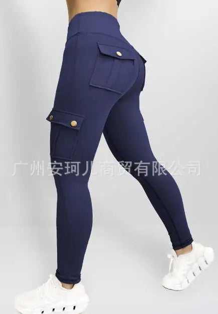 High-elasticity women's fitness and yoga pants with pockets, perfect for workouts and stylish comfort in ankle-length design.